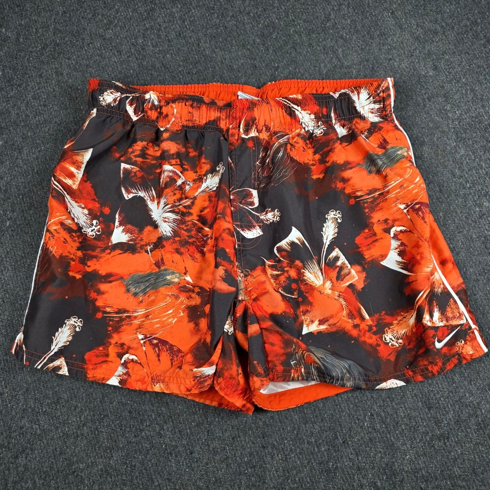 Nike Running Shorts Mens Large Orange Black Hibiscus Floral Tropical Mesh Lined